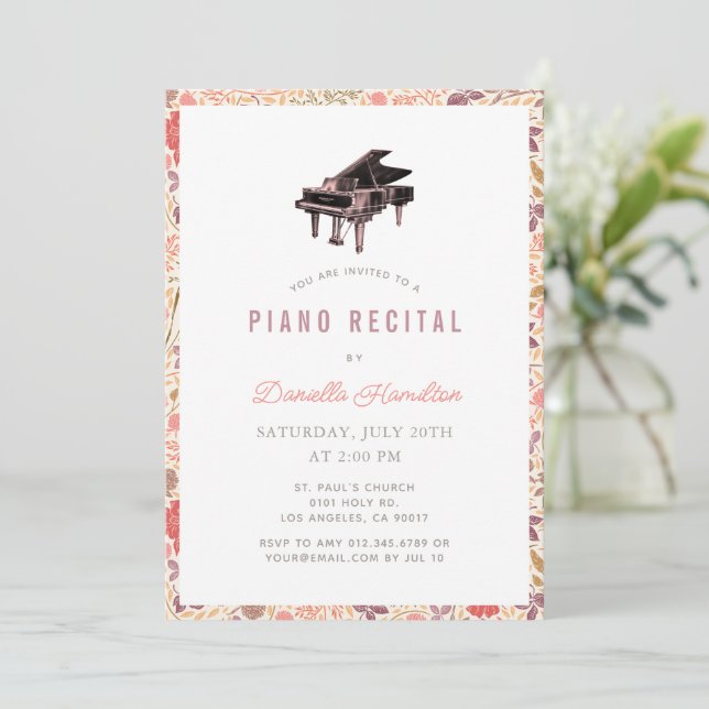 Wildflower Piano White Recital Invitation (Standing Front)