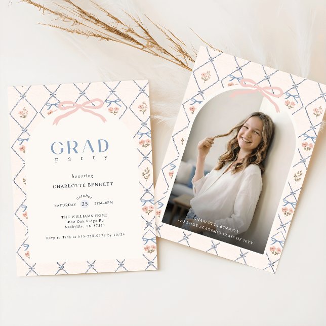 Wildflower Pink Bow Arch Photo Graduation Invitation (Creator Uploaded)
