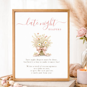 Wildflower Pink Bow Baby Shower Late Night Diapers Poster