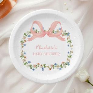 Wildflower Pink Bow Baby Shower Paper Plate