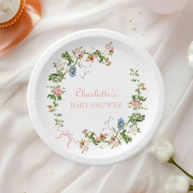 Wildflower Pink Bow Baby Shower Paper Plate (Creator Uploaded)