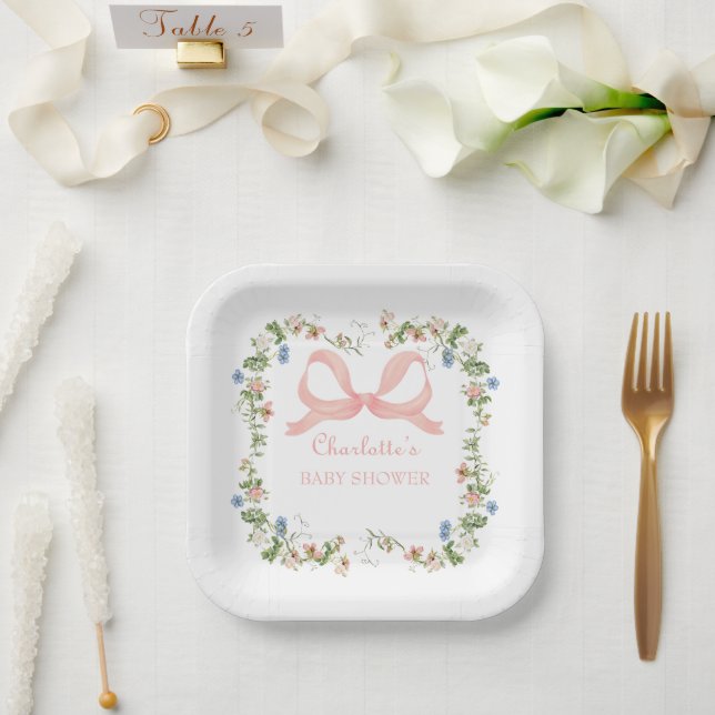 Wildflower Pink Bow Baby Shower Paper Plate (Wedding)