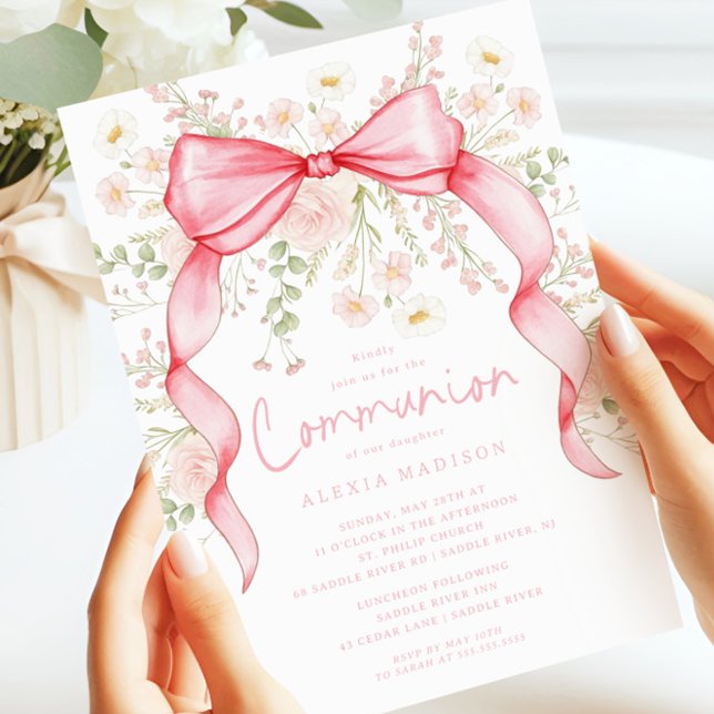 Wildflower Pink Bow Communion Invitation (Creator Uploaded)