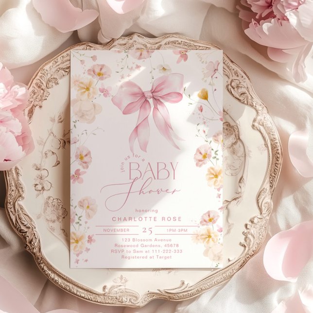 Wildflower Pink Bow Elegant Baby girl Shower Invitation (Creator Uploaded)