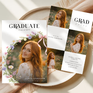 Wildflower Pink Bow Elegant Photo Graduation Invitation