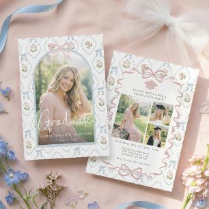 Wildflower Pink Bow Four Photo Graduation Invitation