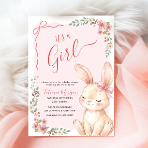 Wildflower Pink Bow Gingham Girl Baby Shower Invitation