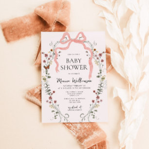 Wildflower Pink Bow Girl Baby Shower Invitation