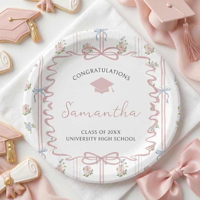 Wildflower Pink Bow Graduation Paper Plate (Creator Uploaded)