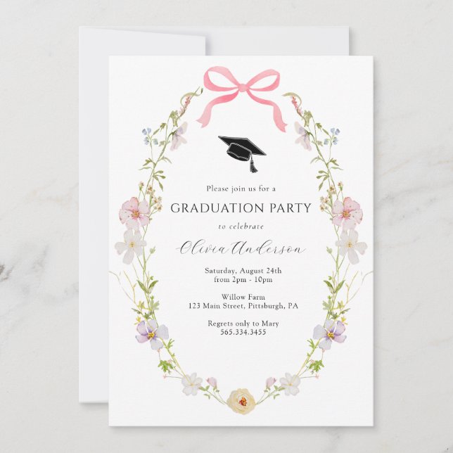 Wildflower Pink Bow Graduation Party Invitation (Front)