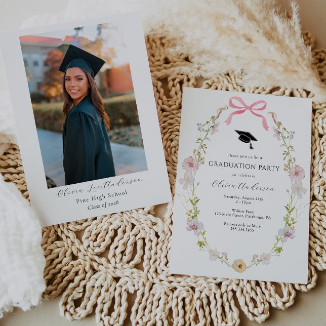 Wildflower Pink Bow Graduation Photo Party Invitation (Creator Uploaded)