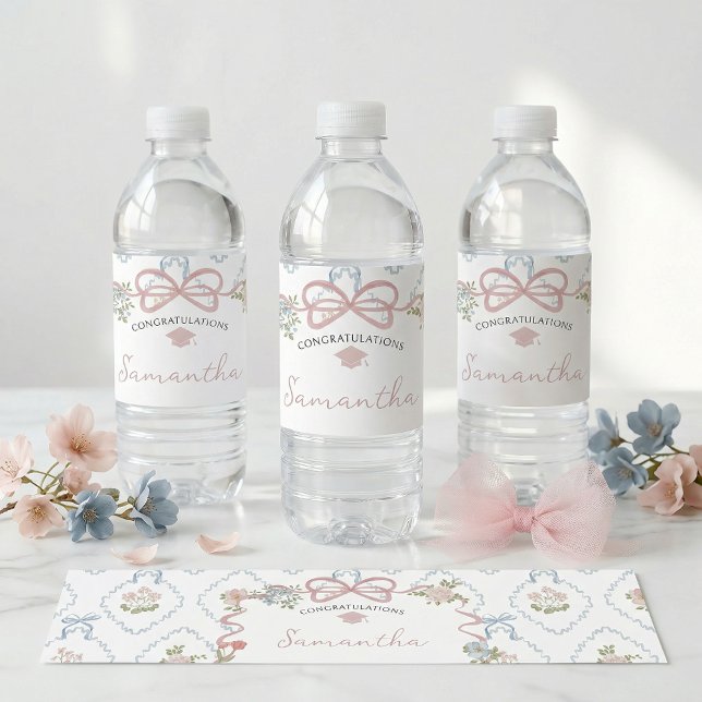 Wildflower Pink Bow Graduation Water Bottle Label (Creator Uploaded)