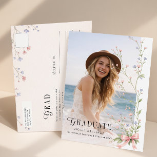Wildflower Pink Bow Photo Graduation Announcement Postcard