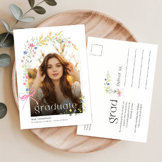 Wildflower Pink Bow Photo Graduation Announcement Postcard