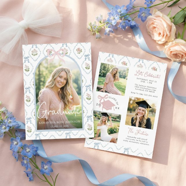 Wildflower Pink Bow Photo Graduation Invitation (Creator Uploaded)
