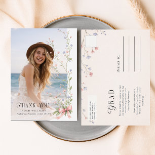 Wildflower Pink Bow Photo Graduation Thank You Postcard