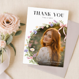 Wildflower Pink Bow Photo Graduation Thank You Postcard