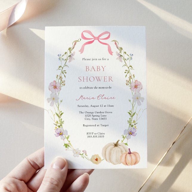 Wildflower Pink Bow Pumpkin Baby Shower Invitation (Creator Uploaded)
