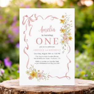 Wildflower Pink Coquette Bow 1st Birthday Girl's Invitation