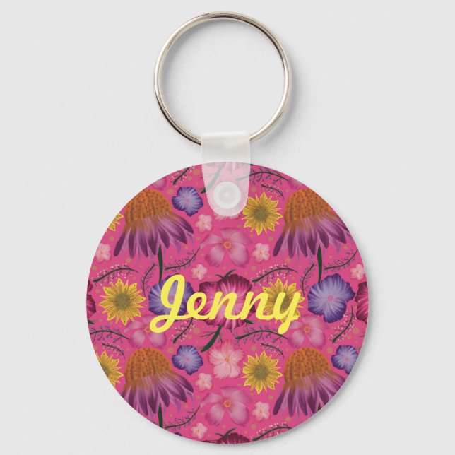Wildflower Pink Floral Personalised Key Ring (Front)
