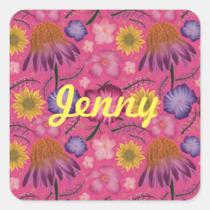 Wildflower Pink Floral Personalised Square Sticker