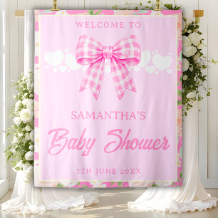 Wildflower Pink Gingham Bow Baby Shower Backdrop Tapestry