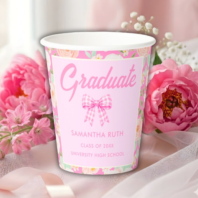 Wildflower Pink Gingham Bow Graduation Party Paper Cups (Creator Uploaded)