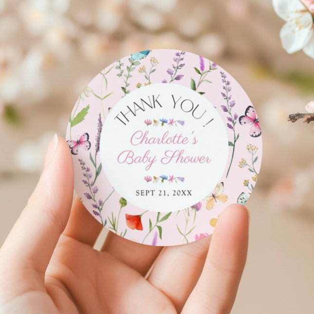 Wildflower Pink Girl Baby Shower Thank You Favour Classic Round Sticker (Creator Uploaded)