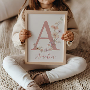 Wildflower Pink Girl Nursery Name Art Monogram  Poster
