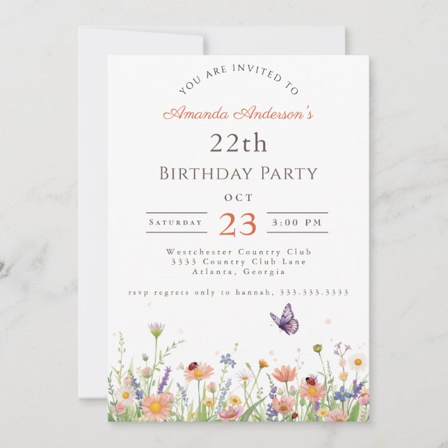 Wildflower Pink Purple Garden Party 22th Birthday Invitation (Front)