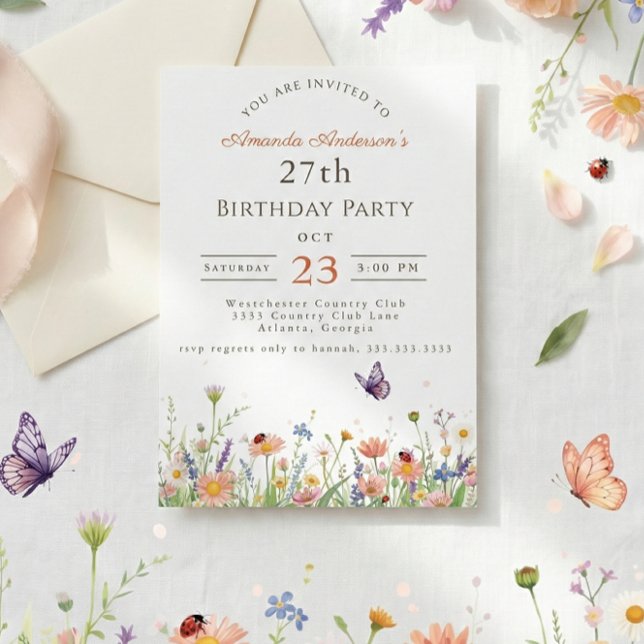 Wildflower Pink Purple Garden Party 27th Birthday Invitation (Creator Uploaded)