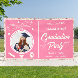 Wildflower Pink Striped Bows & Ribbons Graduation Banner