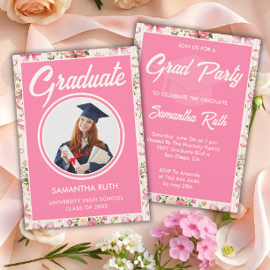 Wildflower Pink Striped Bows & Ribbons Graduation Invitation