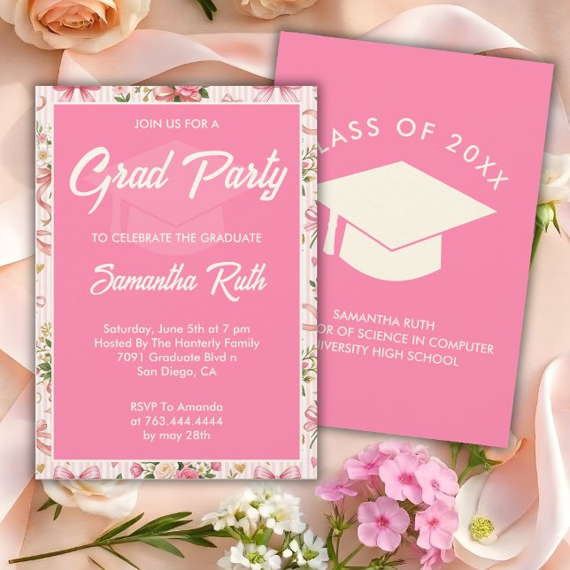 Wildflower Pink Striped Bows & Ribbons Graduation Invitation (Creator Uploaded)