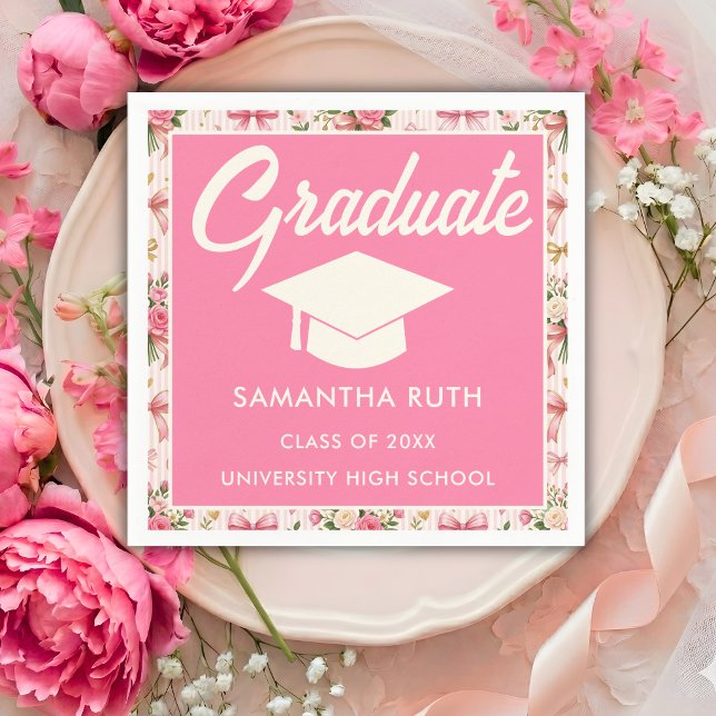 Wildflower Pink Striped Bows & Ribbons Graduation Napkin (Creator Uploaded)