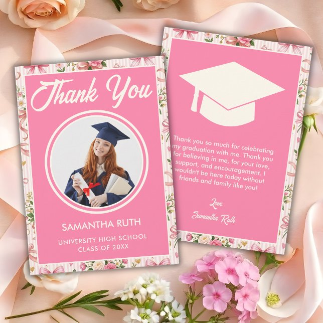 Wildflower Pink Striped Bows & Ribbons Graduation Thank You Card (Creator Uploaded)