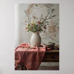 Wildflower Pitcher and Coral Linen Still Life Poster