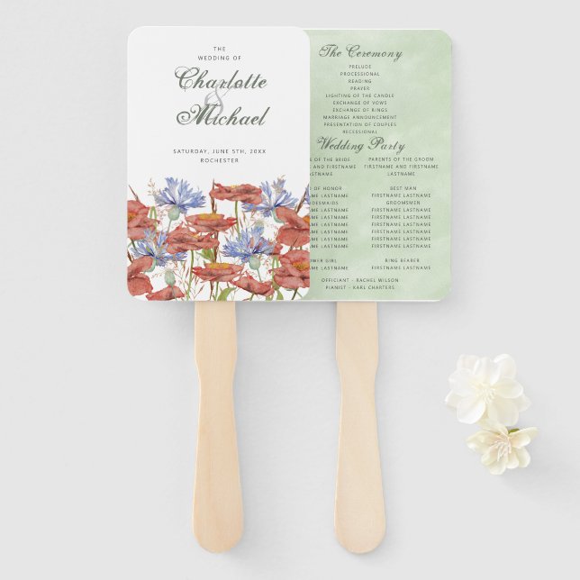 Wildflower poppies cornflower wedding program hand fan (Front and Back)