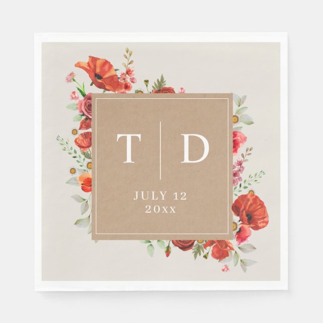 Wildflower Poppy Cardstock Wedding Napkin (Front)