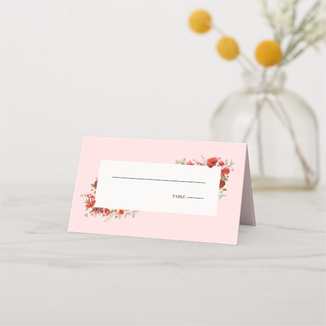Wildflower Poppy Pink Wedding Place Card (Front)