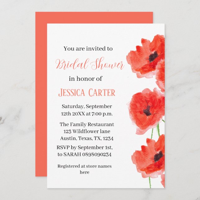 Wildflower Poppy Red Floral Bridal Shower  Invitation (Front/Back)