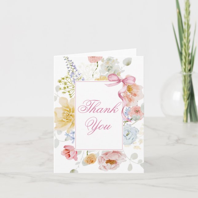 Wildflower Pretty Pink Bow Thank You  Note Card (Front)