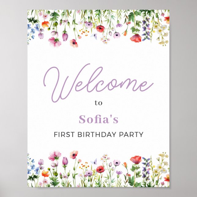 Wildflower Purple 1st Birthday Welcome Sign Poster (Front)