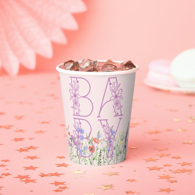 Wildflower Purple Floral Baby Monogram Baby Shower Paper Cups (Insitu)