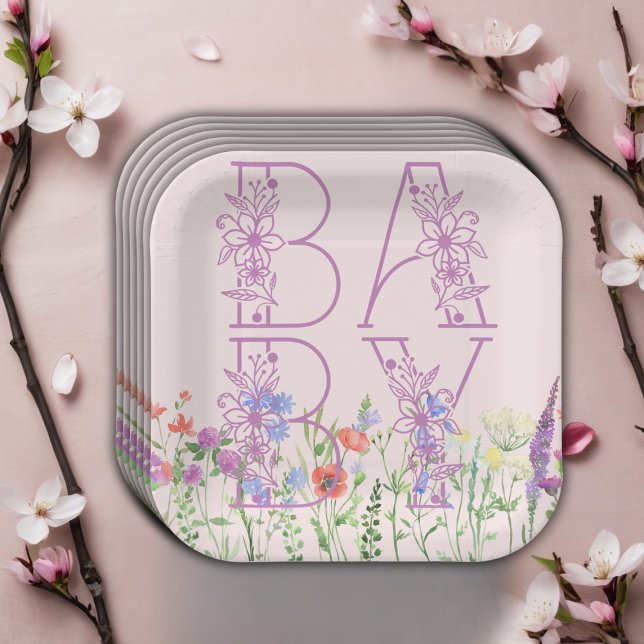 Wildflower Purple Floral Baby Monogram Baby Shower Paper Plate (Creator Uploaded)