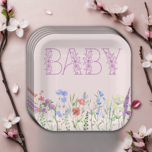 Wildflower Purple Floral Baby Monogram Baby Shower Paper Plate (Creator Uploaded)