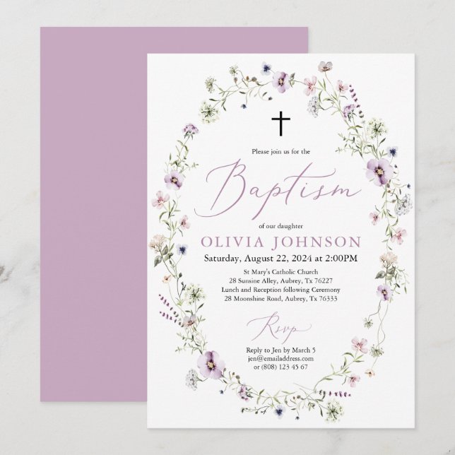 Wildflower Purple Floral Girl Baptism Invitation (Front/Back)