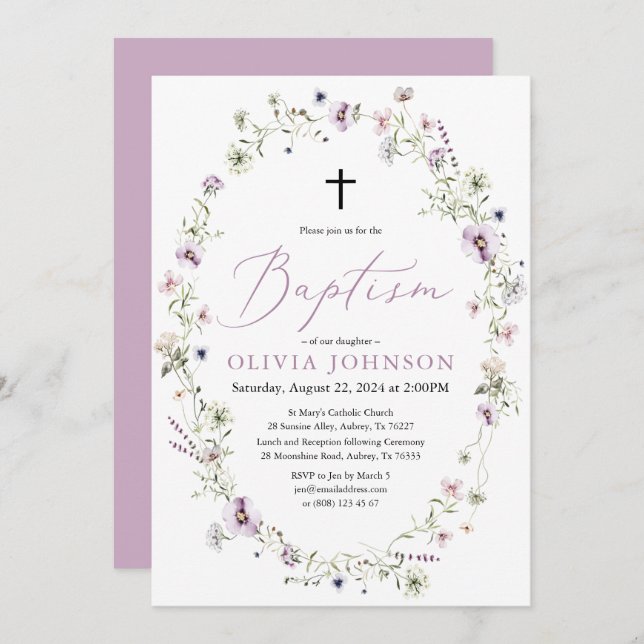 Wildflower Purple Floral Girl Baptism Invitation (Front/Back)