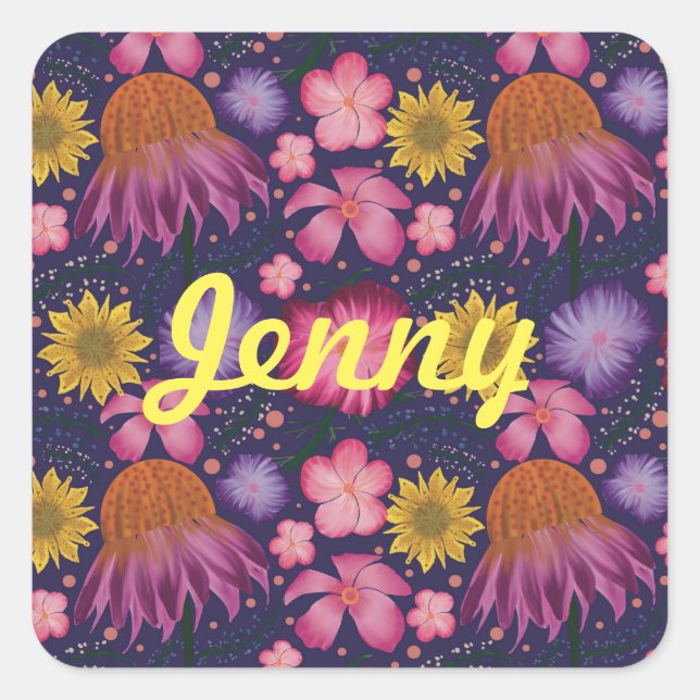 Wildflower Purple Floral Personalised Square Sticker (Front)