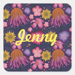Wildflower Purple Floral Personalised Square Sticker